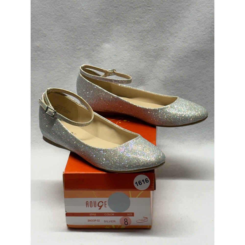 Rouge Snoop-02 Silver Glitter Ankle Strap Ballet Flats Womens Size 8